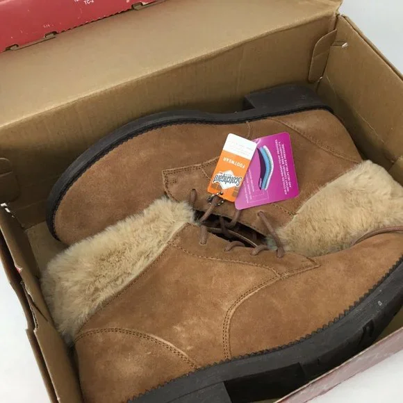 Skechers NIB Elm Cold Day Boots Booties Women's Size 8.5 Brown Faux Fur Lace Up - Picture 7 of 9